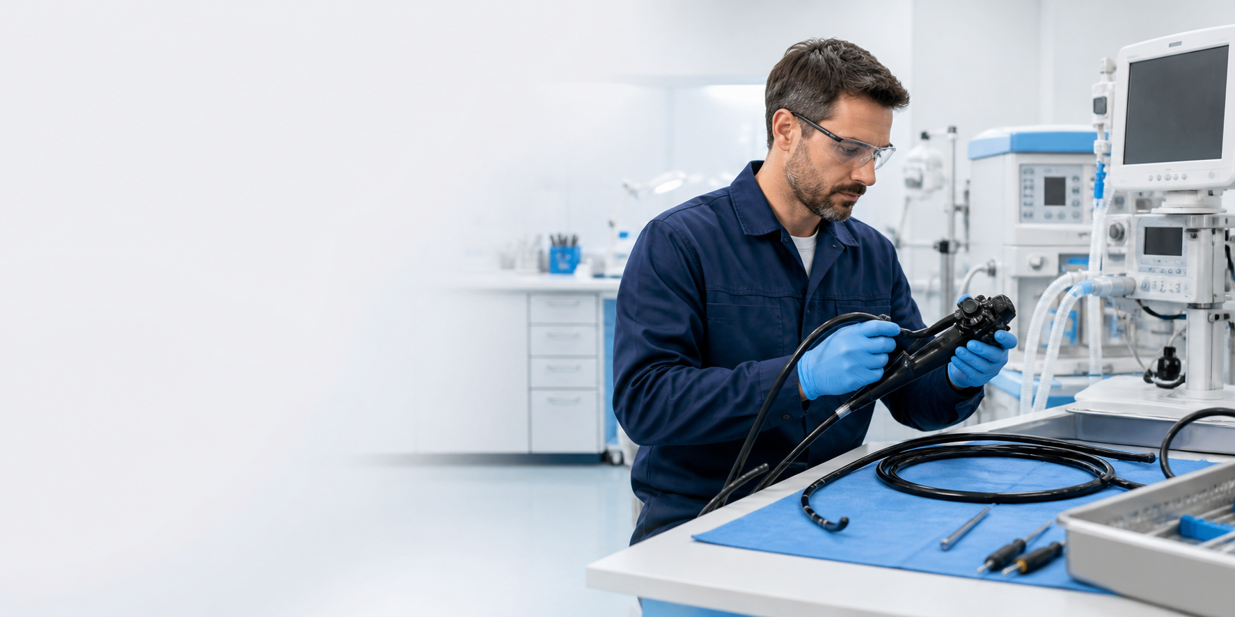 Especialista realizando mantenimiento de endoscopio